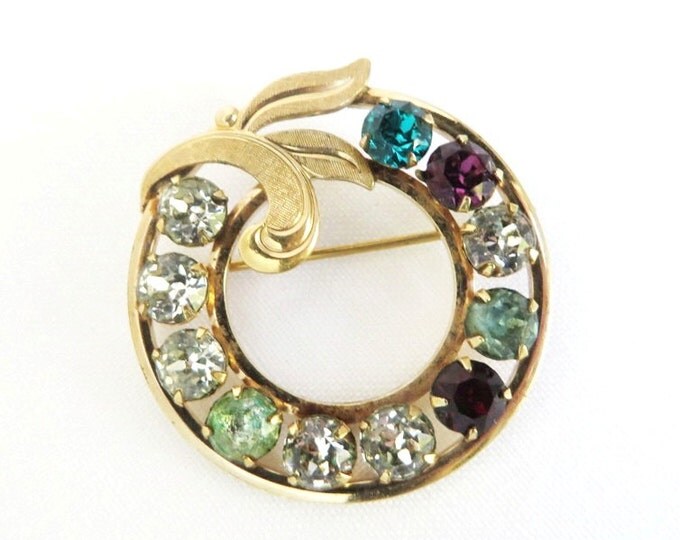 Van Dell Rhinestone Circle Brooch | Vintage 12K Gold Filled Pin