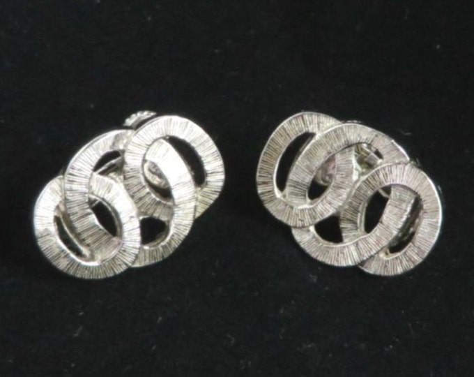 Roget Silver Tone Earrings, Vintage Interlocking Circle Clip-on Earrings, Signed Designer Jewelry, FREE SHIPPING