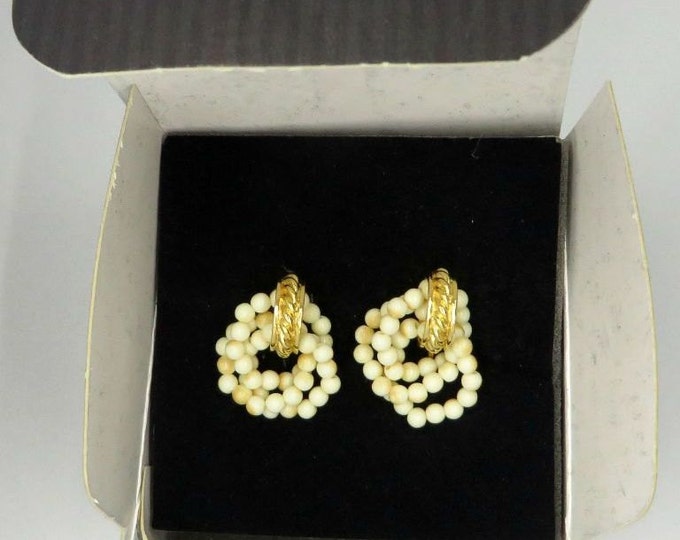 Vintage Avon Earrings, Faux Pearl Hoops, Dangling Bead Earrings, Gold Tone Clip on Earrings