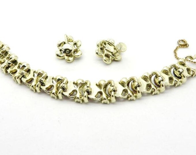 Vintage Watermelon Rhinestone Bracelet , Screw Back Earrings Set, Signed Longcraft Demi Parure