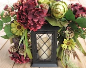 Tuscan Style Lantern Swag - High Quality Silk Flowers attached to Black Metal Lantern LED Candle w/ timer -Rustic Floral Lantern Arrangement