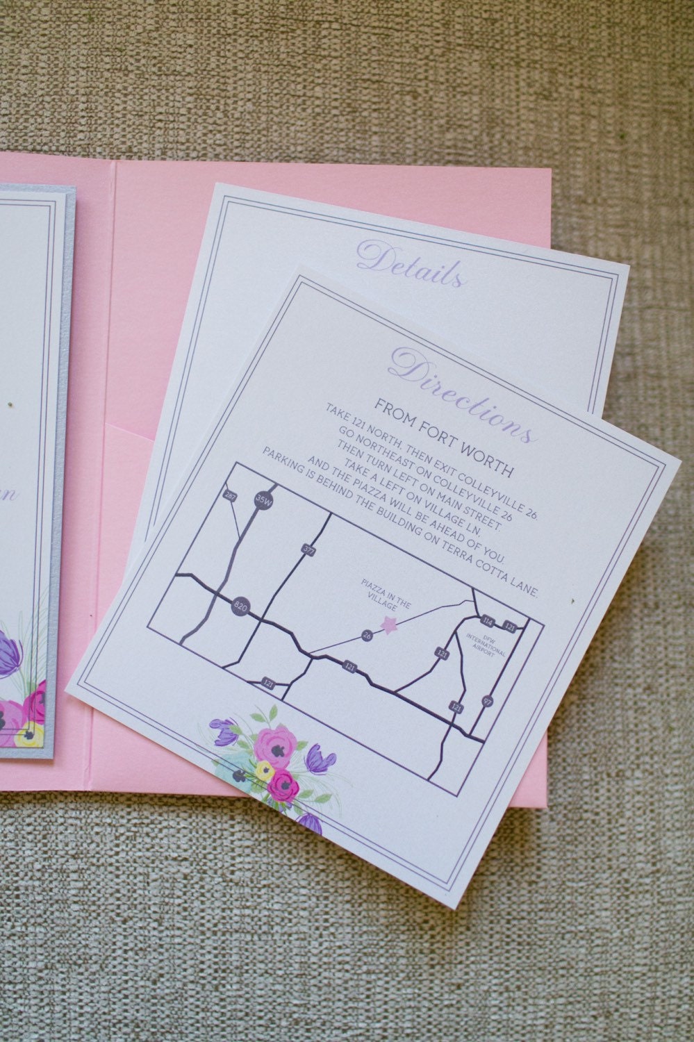 5x7 Pink Pocket Wedding Invitation With Pastel Fls In Purple Envelope Liner Return Address Printing Gallery Photo