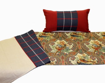 Antique Velvet Luxury Bed Runner and Toss Pillow Matching Set - Full and Queen Size Bed Scarf in Red, Blue and Linen, Fabric with Beautiful  Birds, Traditional Bed Runner, One Coordinating Pillow BRS132