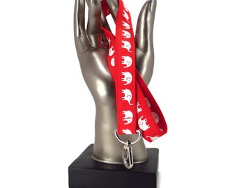 Elephant Lanyard in Red White Animal fabric with Swivel Clip and Break Away Buckle Option