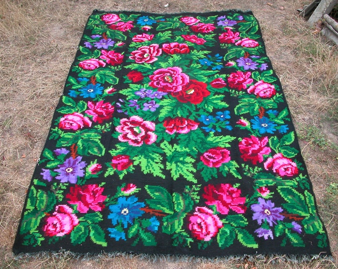 Bessarabian Kilim & area rugs, Handmade, Vintage. rose carpet, FLORAL Kilim Rug, Ukrainian, Bessarabian carpet