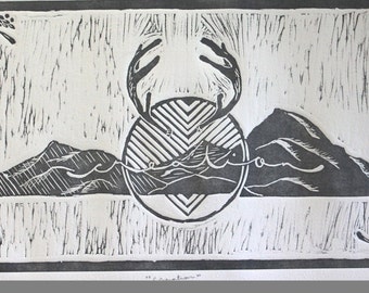 Modern Art // Linocut // Print // Creation // Mountain Print // Antlers // Wall Decor // Home Decor