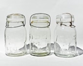 Three Atlas EZ Seal Wire Bail Jars - Quart Size - Rusty Old Canning Jars - Country Farm House Decor - Clear Glass Storage Containers