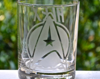 Star Trek Inspired Etched Glasses, Next Generation, Voyager, Original Movies Etched Insignias, Star Trek Logo Rocks Glass