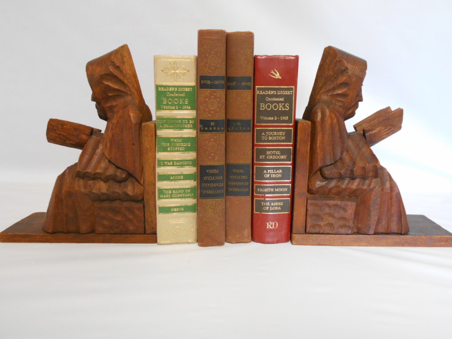 one piece slide hand carved wooden bookends