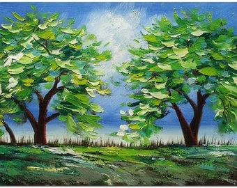 Landscape of Abstract Trees - Signed Hand Painted Palette Knife Tree Oil Painting On Canvas