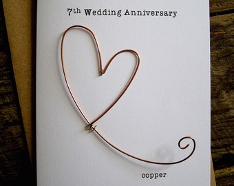 7th Wedding Anniversary Designer Keepsake Card COPPER Wire Heart 7 Years Traditional Gift. Husband Wife Understated Size A6: 15x10.5cm
