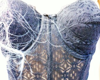 Vintage Bullet Bra 38C / Vng Bustier / 50s Lace Corset / Strapless Black Lace Corset / 50s Merry Widow Corset