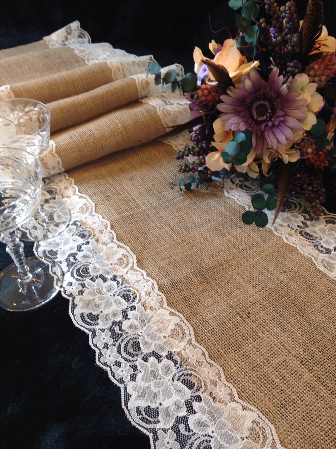 Burlap Table Runner Burlap And Ivory Lace Table Runner Wedding 14 Width On Edges Country Home Decor Farmhouse Rustic