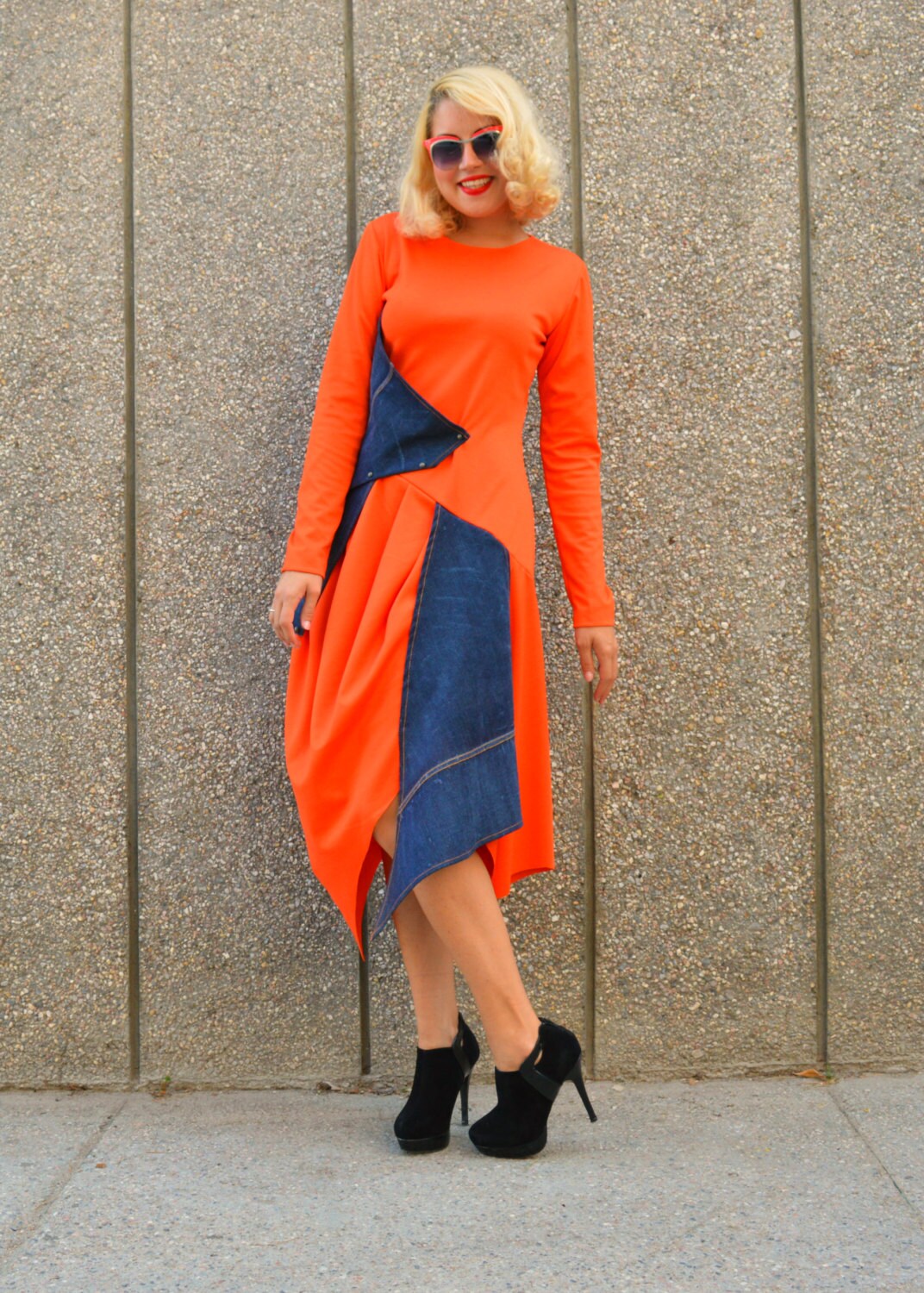 Orange Jersey Dress with Denim Insets / Denim Dress / by Teyxo