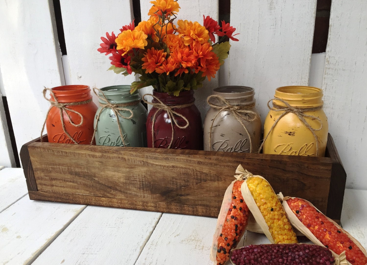 Fall Rustic Planter Box with 5 Painted Mason by 