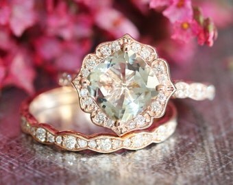 Rose Gold Green Amethyst Diamond Engagement Ring and Scalloped Diamond Wedding Ring Set in 14k Gold Vintage Inspired 8x8mm Gemstone Ring Set
