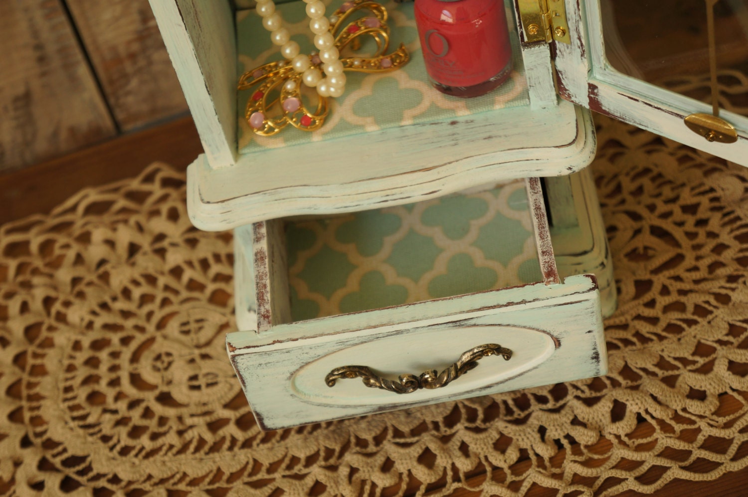 Turquoise Wood Jewelry Box Shabby Chic Girls Jewelry Box