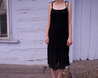 Vintage 90s // ethereal, chiffon, black dress // sleeveless // simple cut // knotted straps // thin // small, medium size