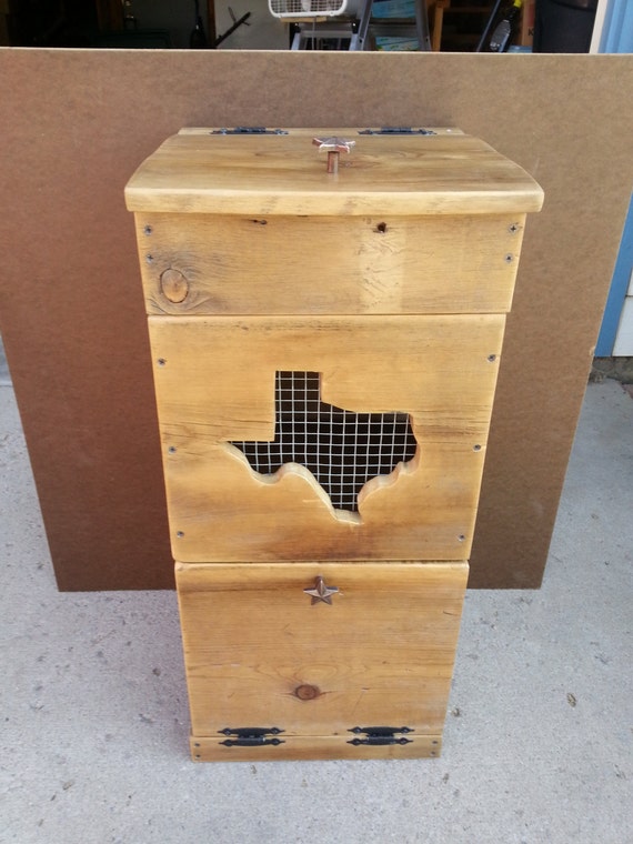 Rustic reclaimed wooden potato and onion storage bin Texas