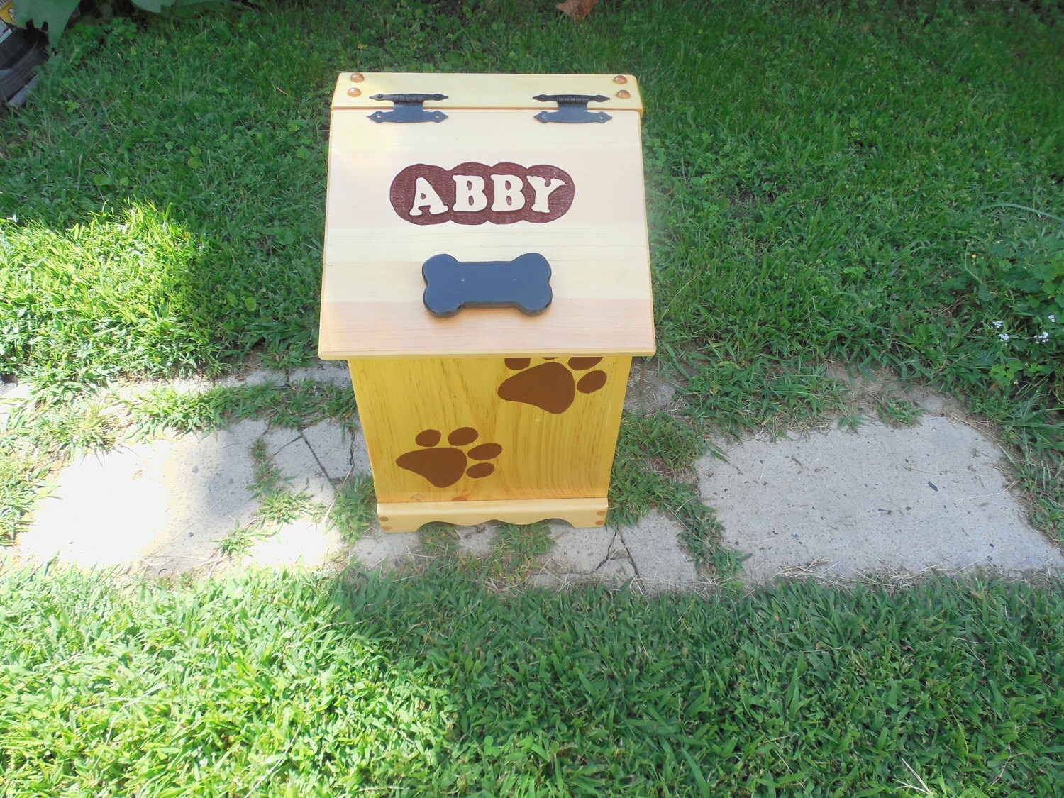 personalized dog food storage bin with name hand carved and