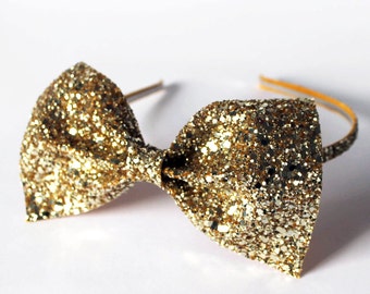 Glitter Bow Headband, Christmas Hair Accessory, Gold Hairband, Gold glitter bow, Party hair band, Prom Hair Accessories, Lolita Bow Headband