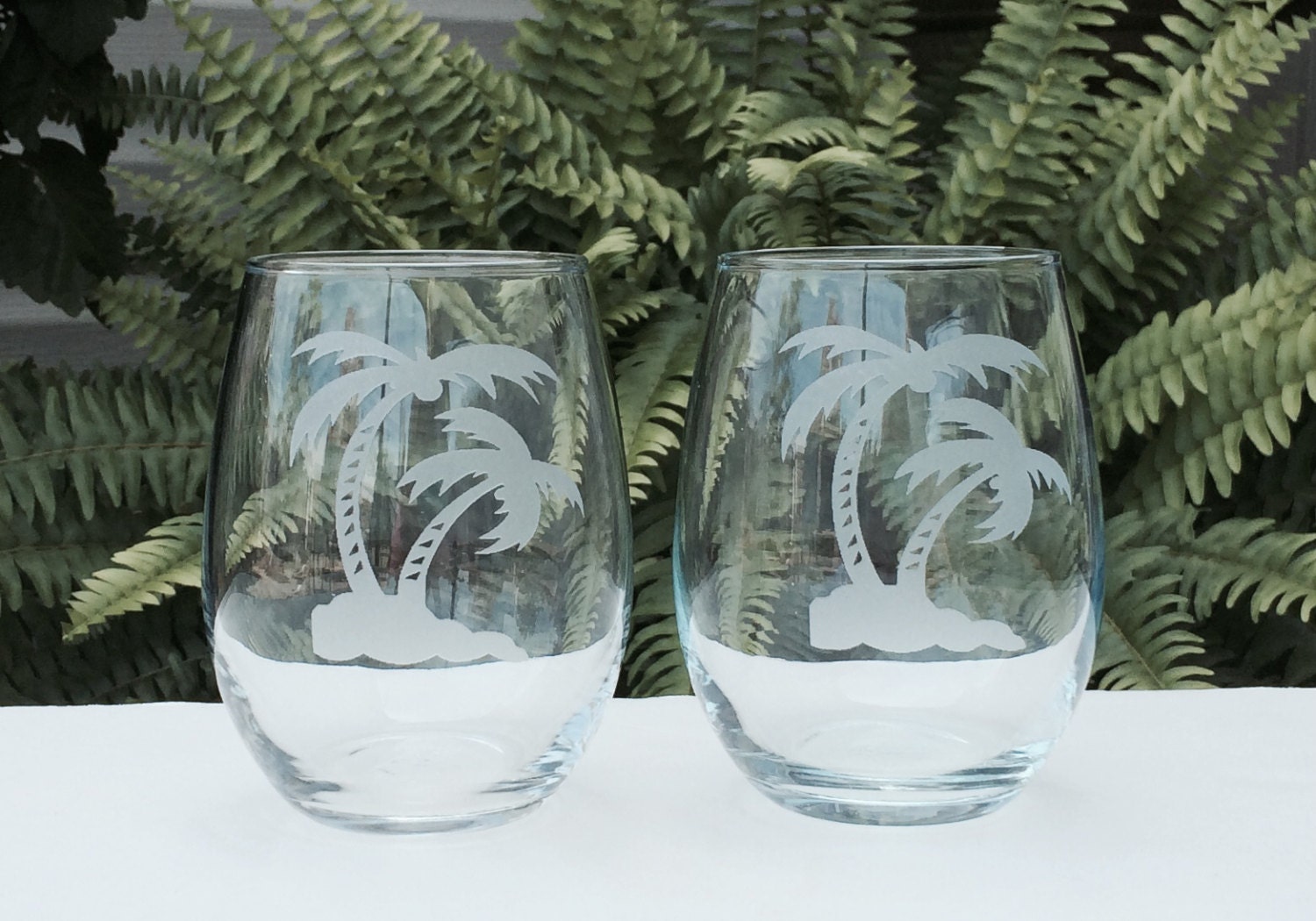 Palm Tree Wine Glass Set 2 Stemless Wine Glasses