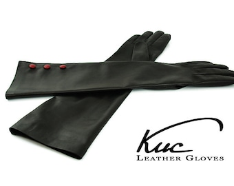Beautiful long leather gloves, opera leather gloves with three red buttons - soft italian nappa lamb leather