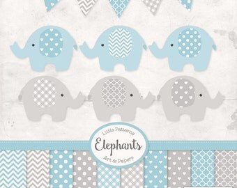 Premium Elephant Clipart, Vectors & Digital Papers in Soft Blue with Grey - Soft Blue Elephant Clip Art, Elephant Vectors, Baby Elephants