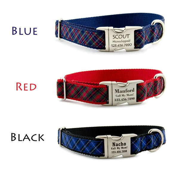 Tartan Personalized Dog Collar Adjustable Custom Laser