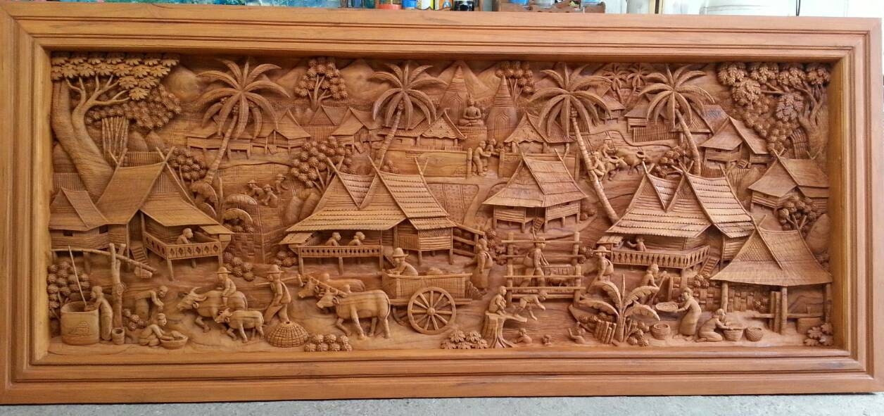 Large carved teak wood wall art decor 3D panel with beautiful