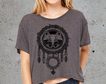 Yoga Clothes,(DREAMCATCHER FOX Shirt Crop Top)Hiking Shirt,Fox T-Shirt-Fox Tshirt-Best Friend Gift-Graphic Tees,College Student Gift