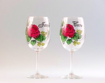 Hand Painted Romantic Wine Glasses - Hand Painted Wine Glasses - Wedding Gift Wine Glasses
