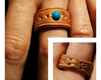 Leather Ring with Blue Glass Bead, Ring with Glass Bead, Leather Jewelry, Women's Gift, Men's Gift, Engagement, Wedding, Hand stitched.