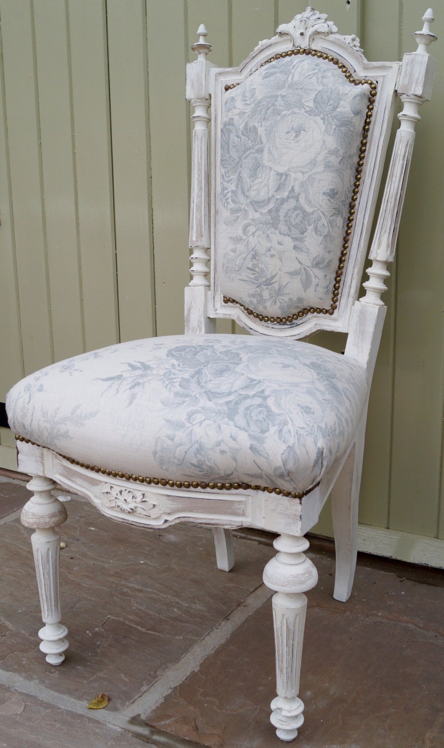 An Antique French Bedroom Chair upholstered in KATE FORMAN ‘Blue Roses’ Haute Juice