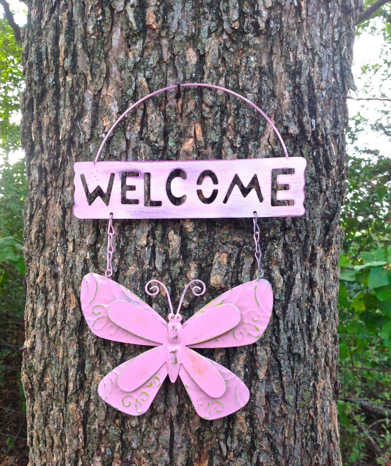 Pink Butterfly Sign Metal Yard Art by BlueCottageCreation