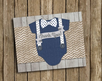 Baby Boy Shower Thank You Card Navy Blue Gray Bow Tie Suspenders Burlap Chevron Polka Dot Wood Rustic Printable Digital File
