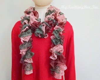 Hand Knit Ruffle Scarf in Pink, Grey and Mauve (Model 0019)