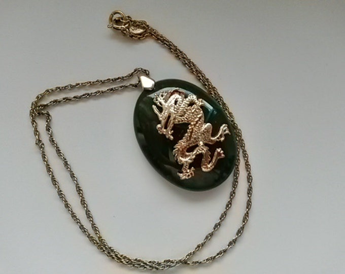 Dragon Necklace Pendant Vintage Green Jade or Nephrite Japanese Dragon Whimsical Figurine Fairy Tale Creature Large Gemstone Gift Idea