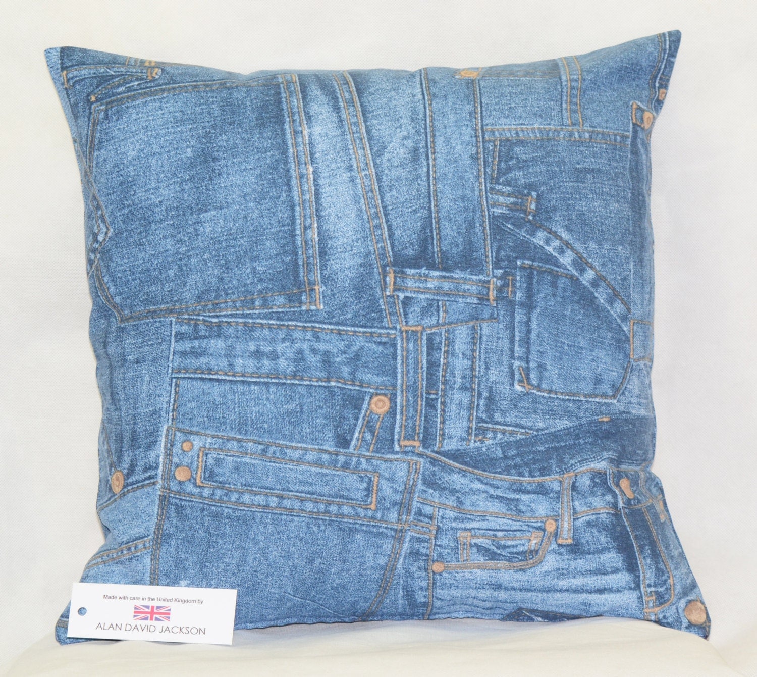 Denim Jeans Patchwork Print Cushion Cover 17 x by ALANDAVIDJACKSON