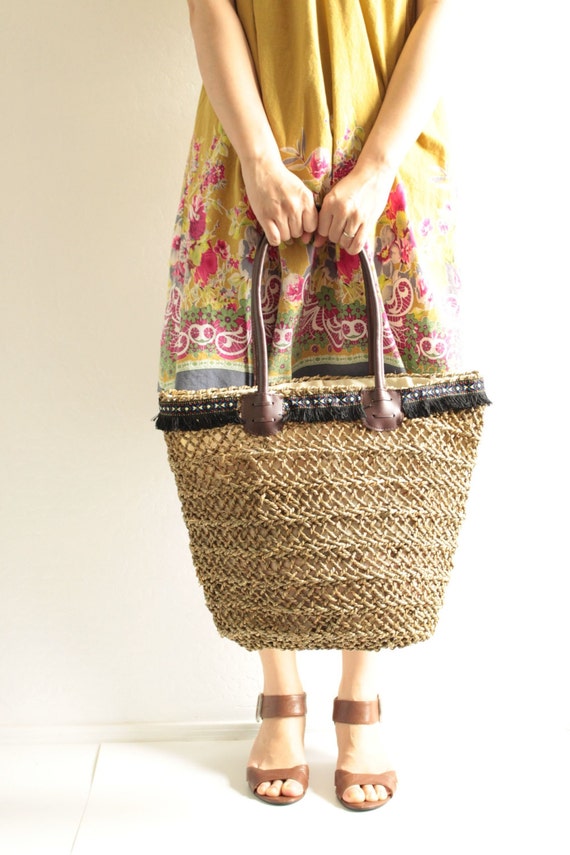 Handmade Straw Bag, Weave Straw Tote with Black Tassel Trim, Beach Bag ...