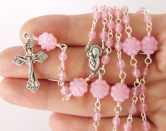 Baptism Gift - Catholic Rosary Beads - Thin Handmade Five Decade Rosary - Light Pink Rosary Beads - Girl's Rosary - Catholic Gift