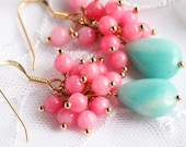 Long earrings cluster earrings, light blue stone amazonite , light pink rose agate gold plated silver 925 gemstones earrings