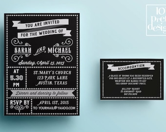 Retro wedding invitation template, printable wedding invitation design, black and white vintage wedding invite design typographic invitation