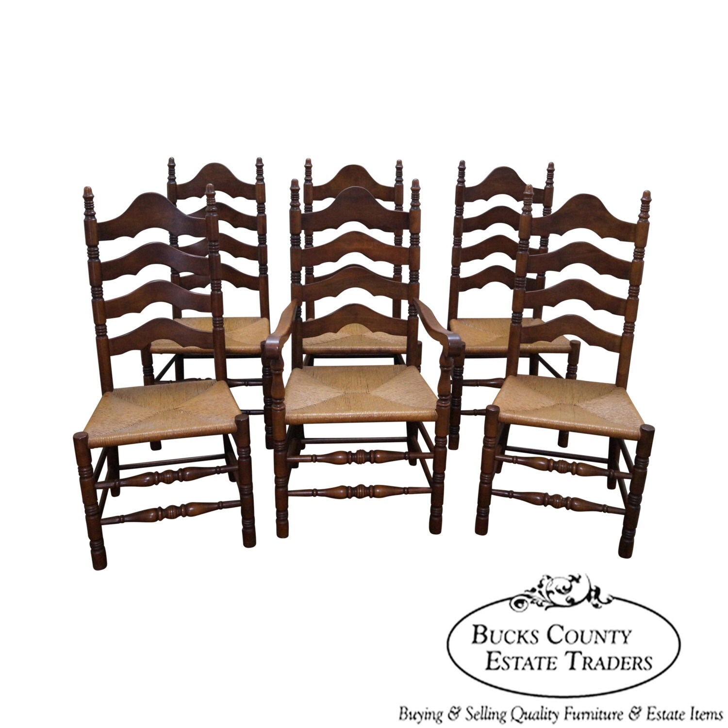 Quality Set of 6 Solid Maple Ladder Back Rush Seat Dining Chairs