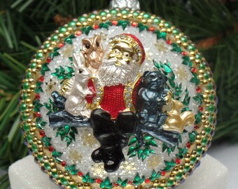 Forest Friends Santa on White Christmas Ornament