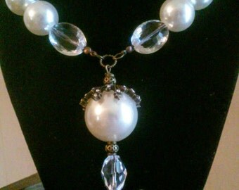 Vintage style oversized pearl necklace, bronze fairy pendant necklace, fairy necklace