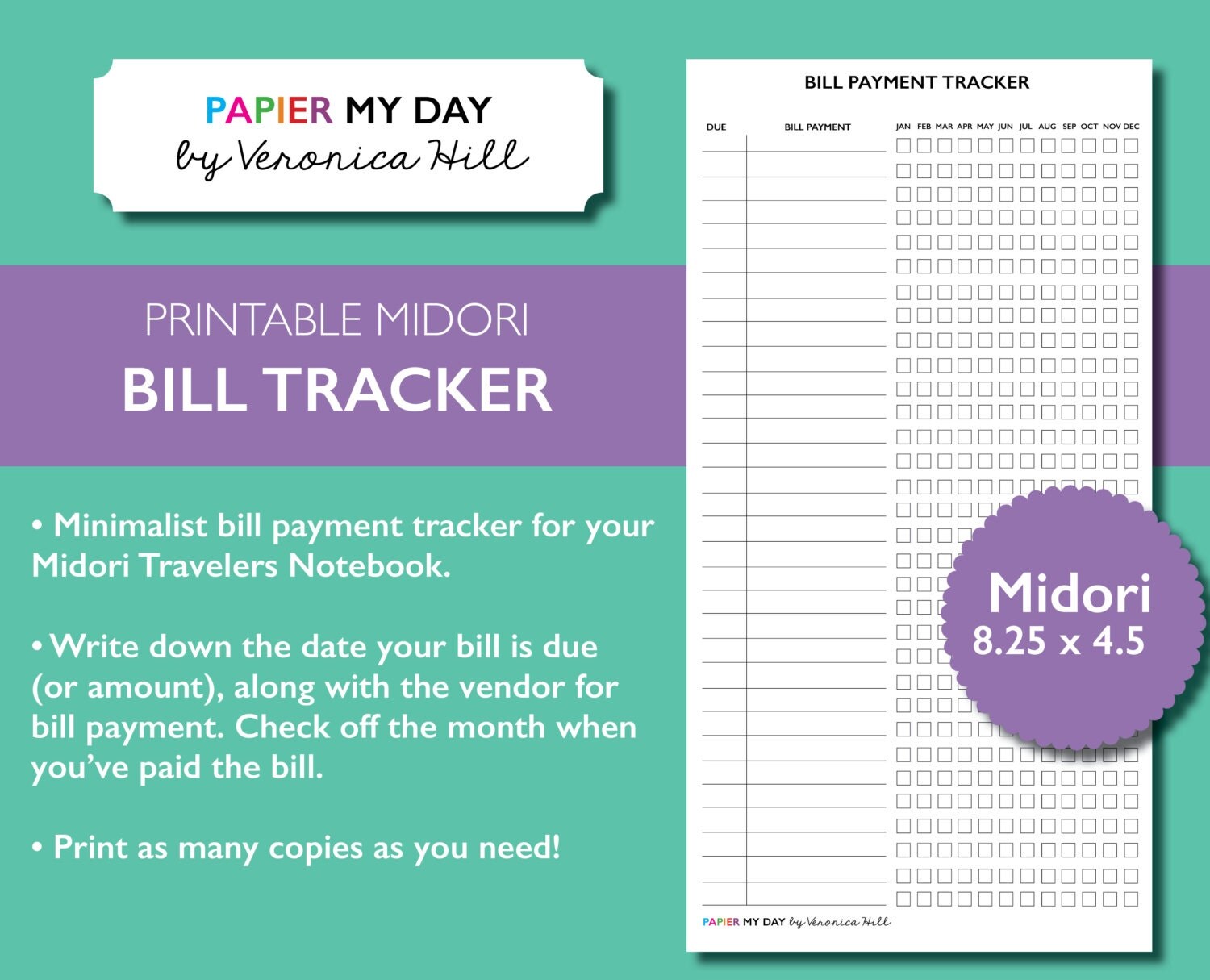 Midori Travelers Notebook Bill Tracker Printable MTN Bill