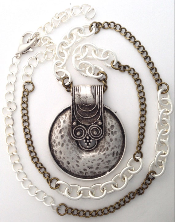Items similar to Silver and bronze pendant necklace, long, 26" on Etsy