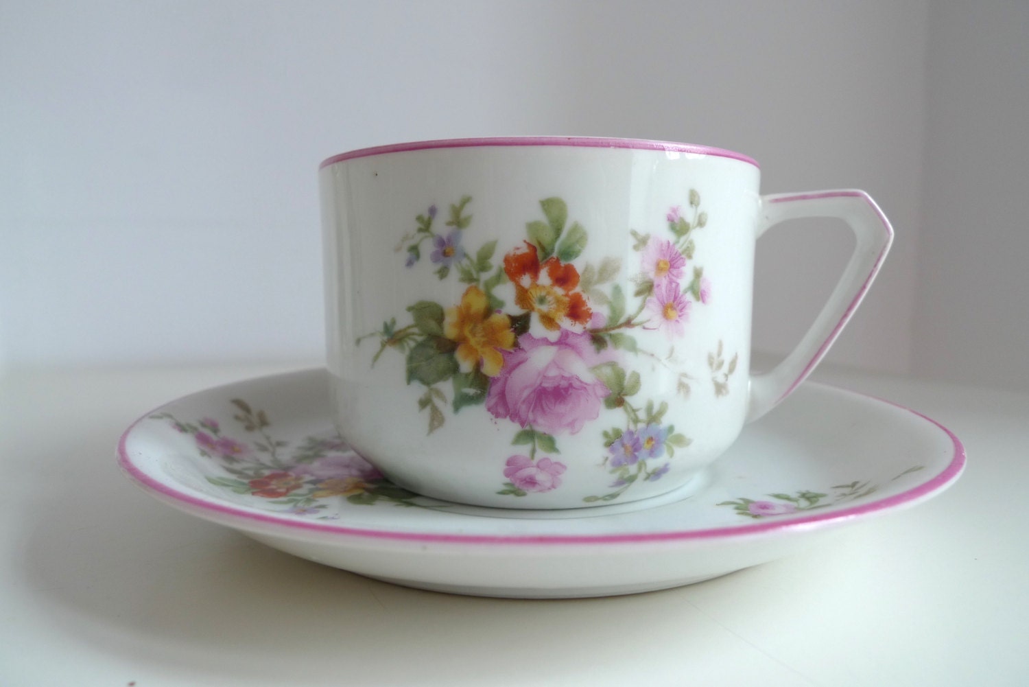 Vintage Teacup and Saucer Porcelain Tea Cup from Portugal, Floral Tea