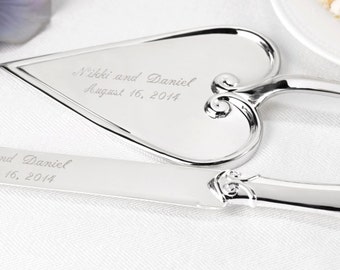Silver Heart Wedding Cake Server and Knife